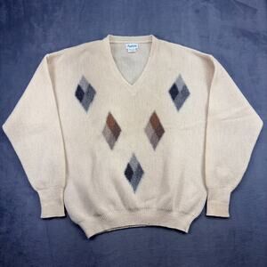 VTG Andean V-Neck Sweater Mens Large Beige 100% Alpaca Argyle Distressed Cottage